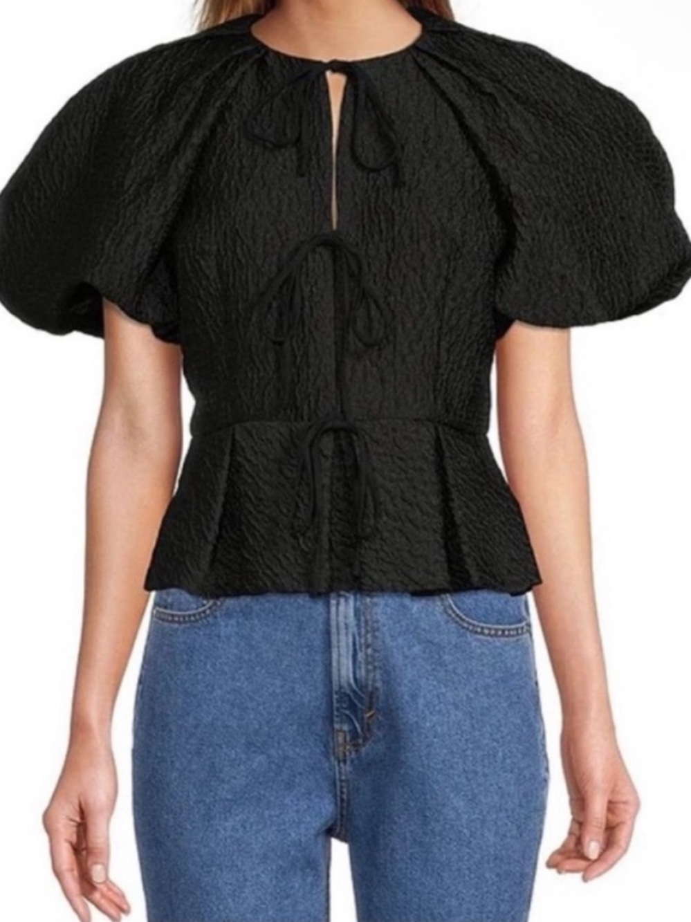 Antonio Melani Courtney Grow Aster Black Short Sleeve Puff Sleeve Tie Front Top